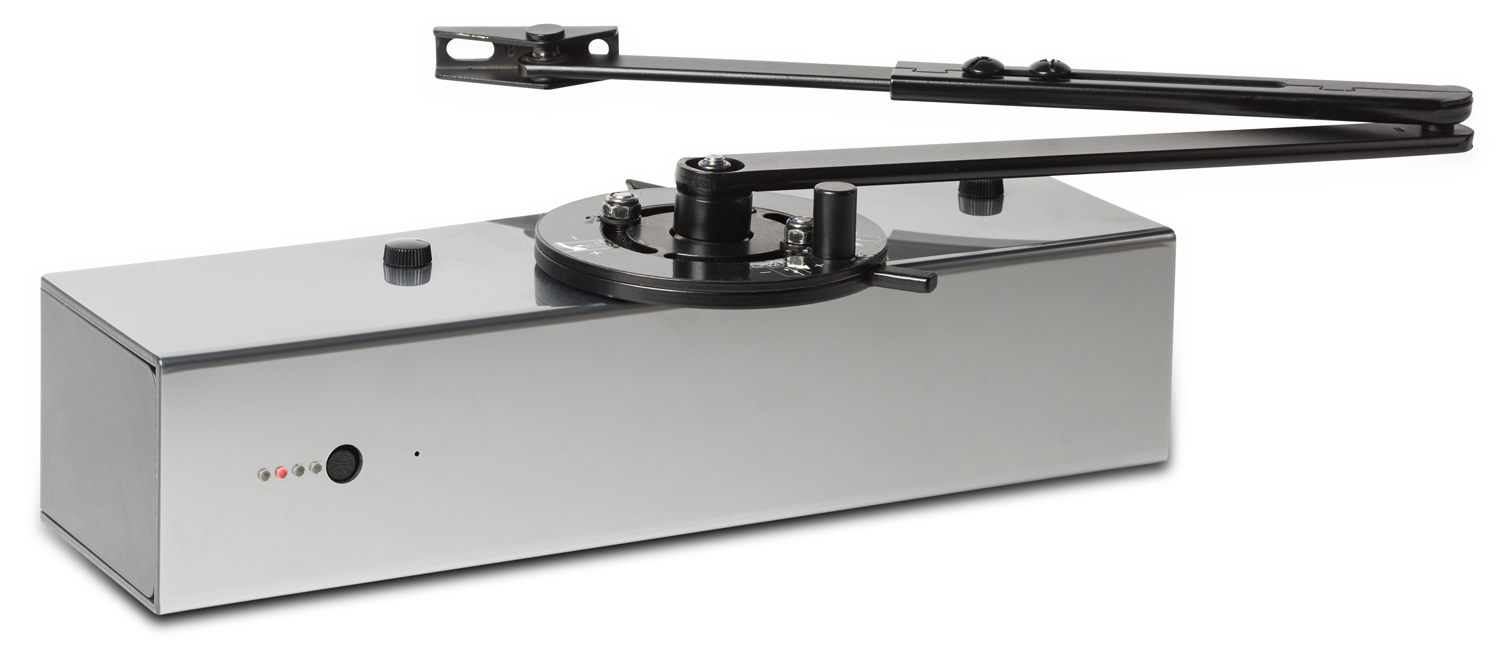 An image of our silver Freedor SmartSound/Freedor Pro free-swing door closer