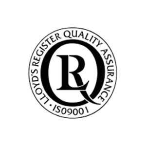 Black and white LLoyds Register Quality Assurance ISO9001 logo.
