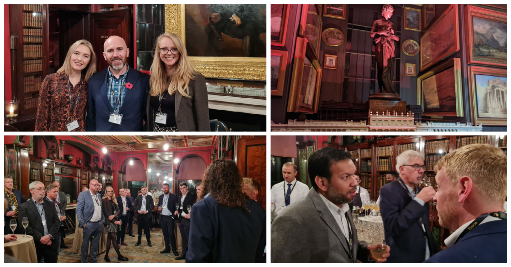 A photo collage showing different people networking at a museum with lots of classic oil paintings.
