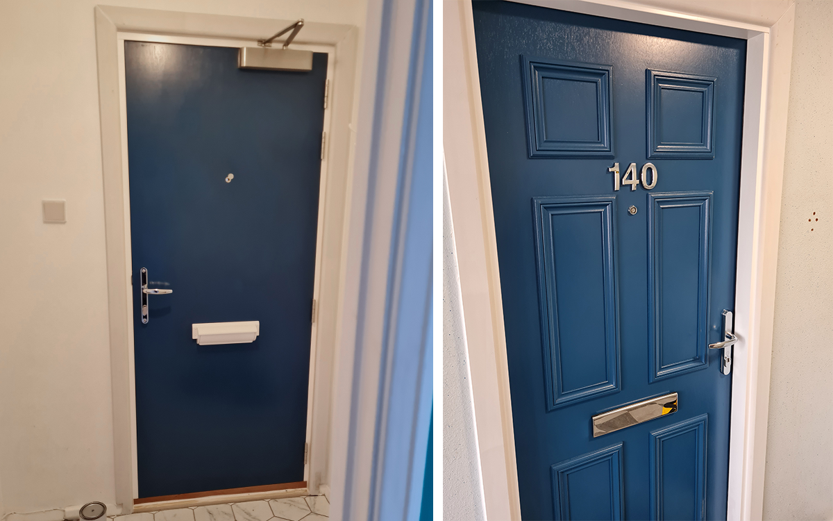 Split image showing the inside and outside of a newly fitted blue front door suitable for fire regulations
