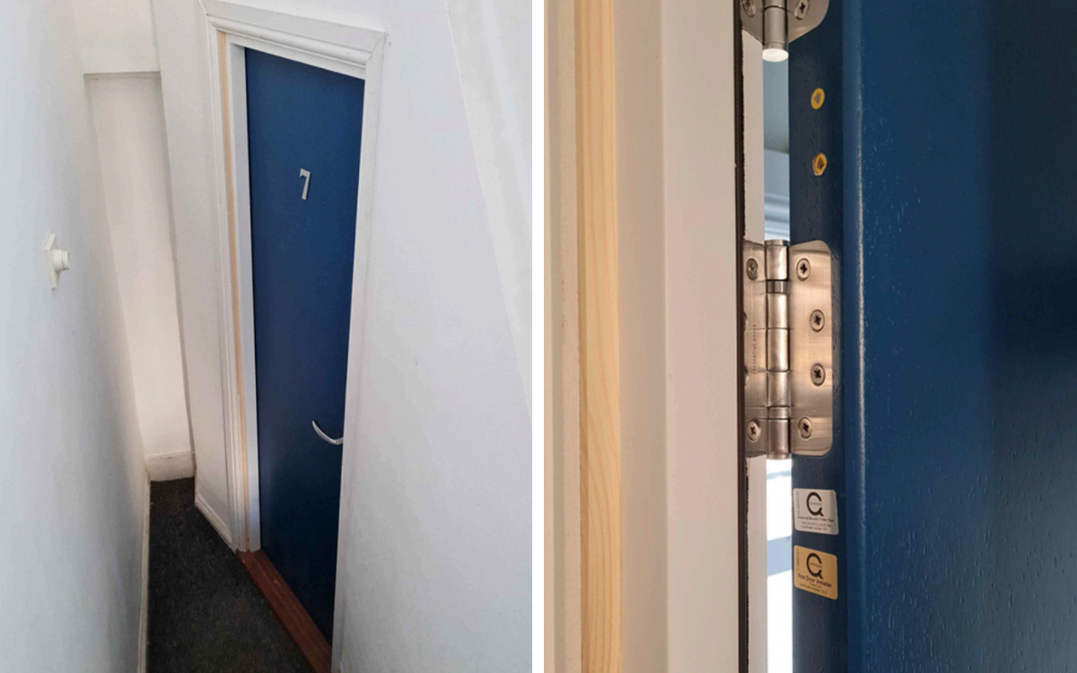 A compilation of two images. Image 1 (left) is a full shot of Pauls new blue fire door. Image 2 (right) is a close up of the fire rated hinges on the door.