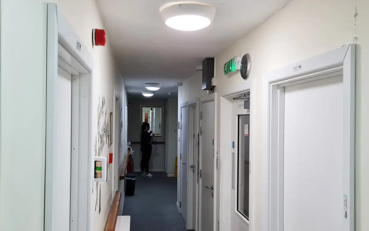 The corridor of Marina Care Home containing new fire doors