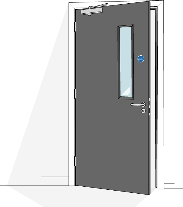Illustration of a grey fire door, with the door ajar. The door has a standard closer at the top of it, and a 'fire door keep shut' label on it.