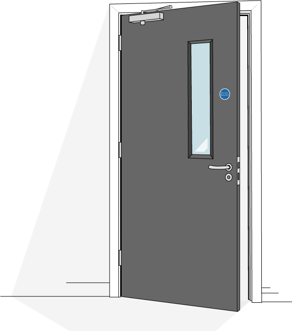 An illustration of a grey fire door that is slightly ajar.