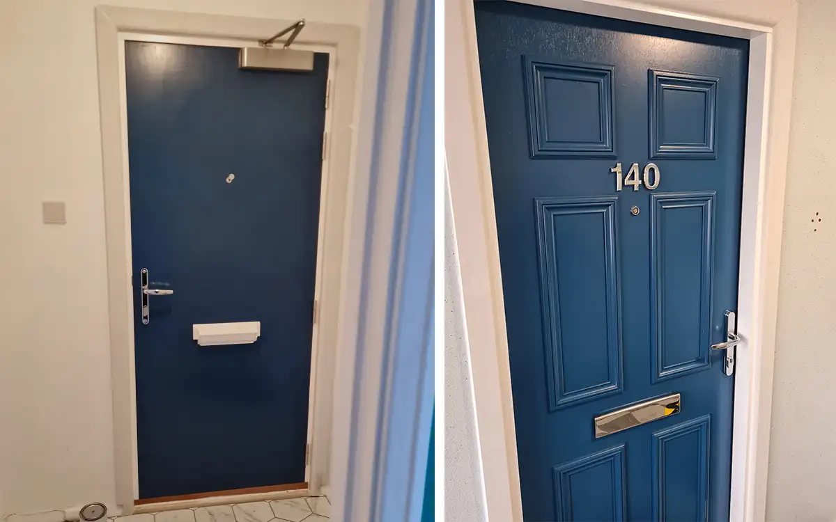 A compilation of two images. Image 1 (left) is a view of the new fire door from inside of the flat, with a standard door closer at the top. Image 2 (right) is a view of the fire door from outside of the flat.