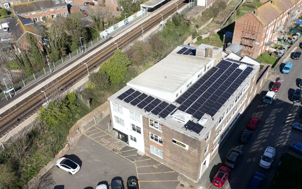 An overhead view of Fireco HQ, showing its new solar panels on the roof