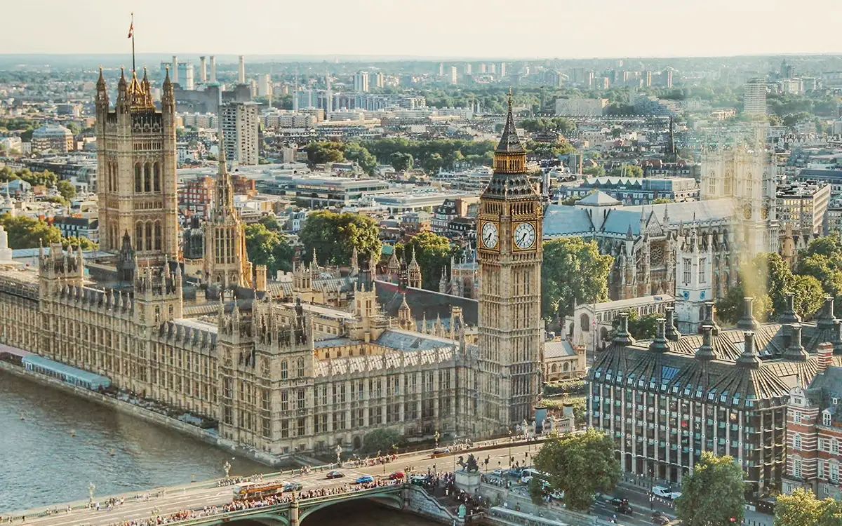 Aerial shot of the Houses of Parliament 