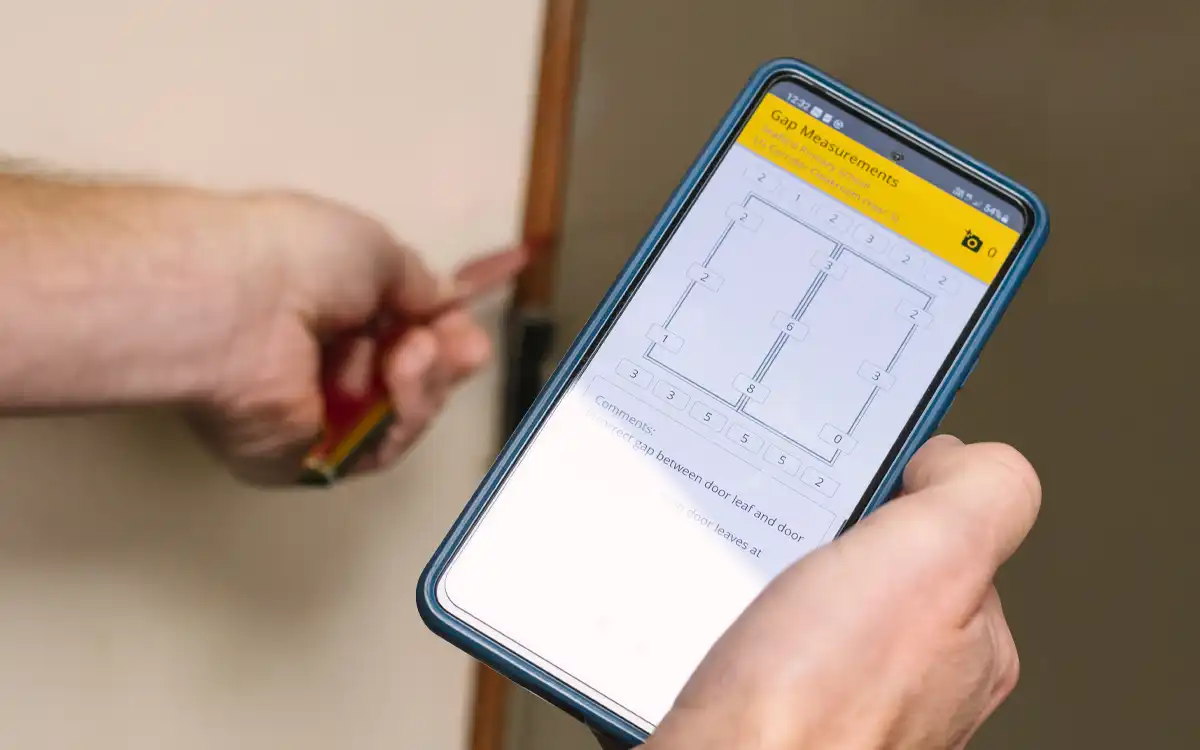 2026-05-28 Fire Door Inspection on app_1200x750 A mobile phone with a fire door inspection in progress in the screen. Out of focus in the background a hand uses a fire door gap tool to measure the gap around the door.